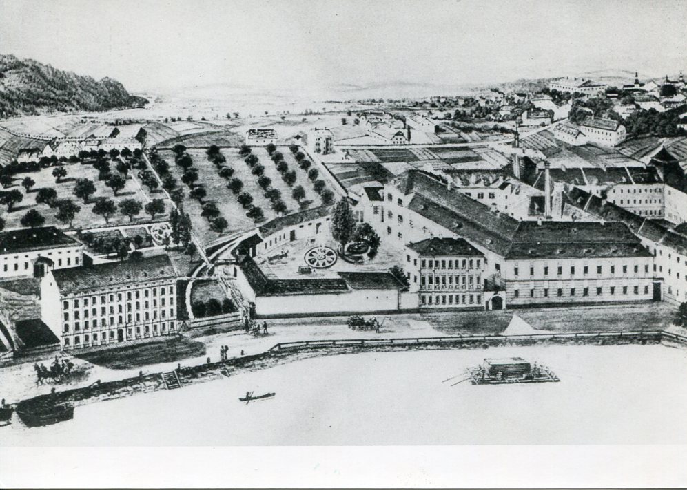 Die k. k. Tabakfabrik in Linz im Jahre 1887 (in den Gebäuden der ehem. Wollzeugfabrik), nach einer Zeichnung von H. Smutny.